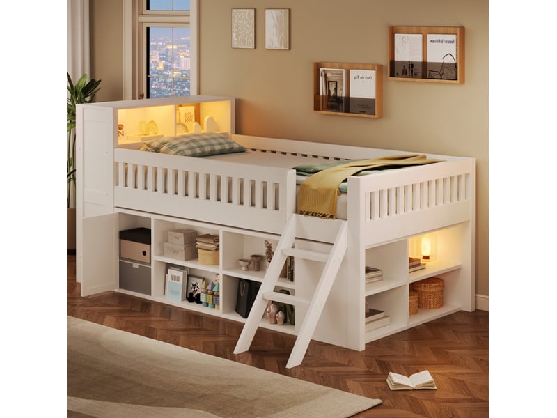  Lit mezzanine modenvie avec rangements et éclairage led, 120 x 200 cm, blanc  - Conforama D