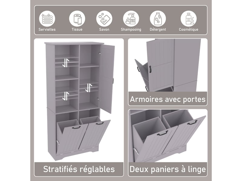  Armoire de salle de bain 78x35x172 cm, laquée anti-humidité, 2 paniers à linge, gris  - Conforama E