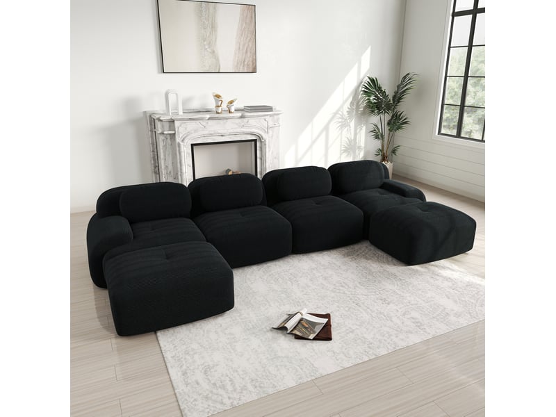 Canapé panoramique en u 4 places modulable sans montage avec accoudoirs larges en velours côtelé noir - Conforama C