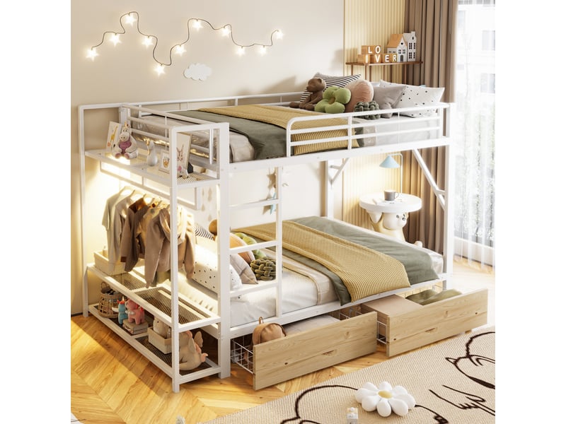  Lit superpose 140x200 cm avec bande lumineuse led et 2 tiroirs, lit enfant avec tringle à vêtements, lit 2 personnes en blanc  - Conforama W