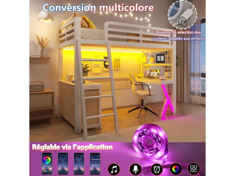 Lit mezzanine 90x200 cm, bureau, bandeau led, armoire de rangement, sans matelas, blanc - Conforama D