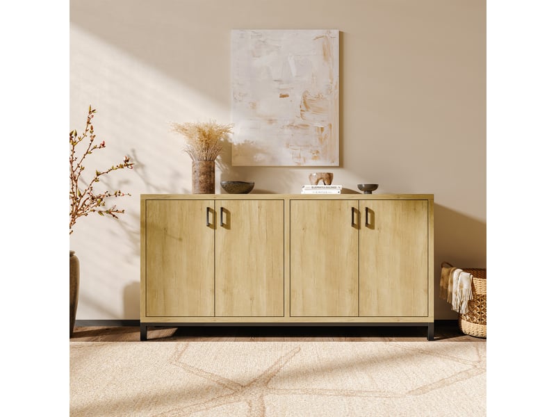  Buffet de cuisine 160 x 35 x 80 cm - bois naturel et noir - meuble de rangement à 4 portes, style industriel et scandinave  - Conforama C