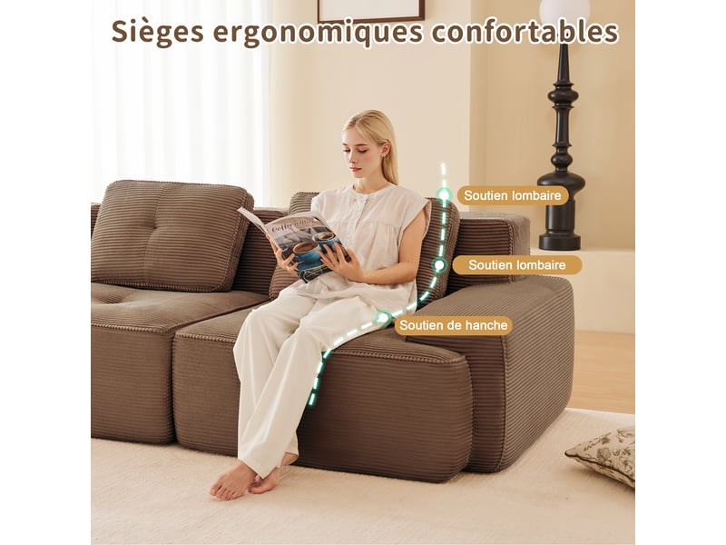 Canapé modulable 3 places en velours côtelé marron 293 x 104 x 69 cm, assise profonde, sans montage, salon W3325S00164 - Conforama D