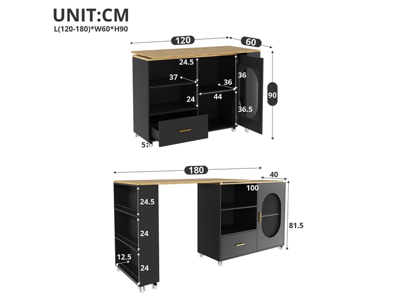  Îlot de cuisine 120x60x90 cm extensible avec 1 porte et 1 tiroir en plateau pivotant et mdf couleur naturel et noir  - Conforama C