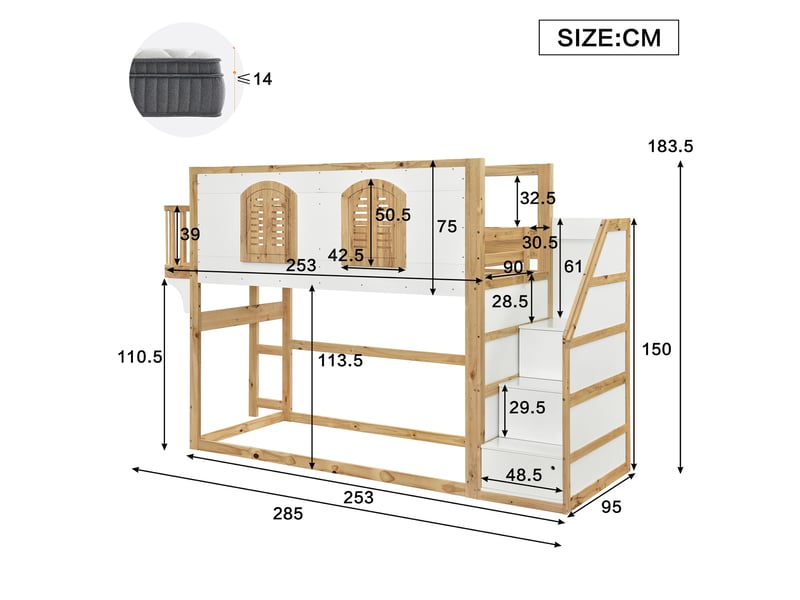  Lit mezzanine enfant 90x200 cm avec escalier de rangement et espace de jeu, bois et mdf, blanc et naturel sans matelas  - Conforama C