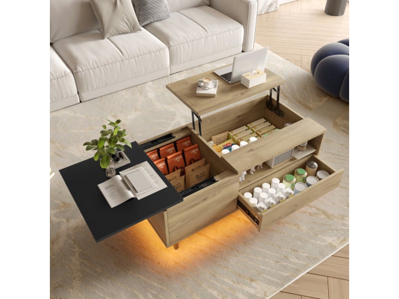  Armoire à hauteur réglable avec éclairage led au sol – grand rangement, tiroirs et compartiments, salon minimaliste  - Conforama D