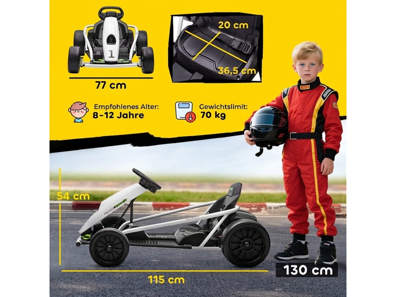 Karting électrique 24 v pour enfants, jusqu'à 13 kmh, avec fonction drift, équipé de 2 moteurs, pour les 8-12 ans, blanc - Conforama E