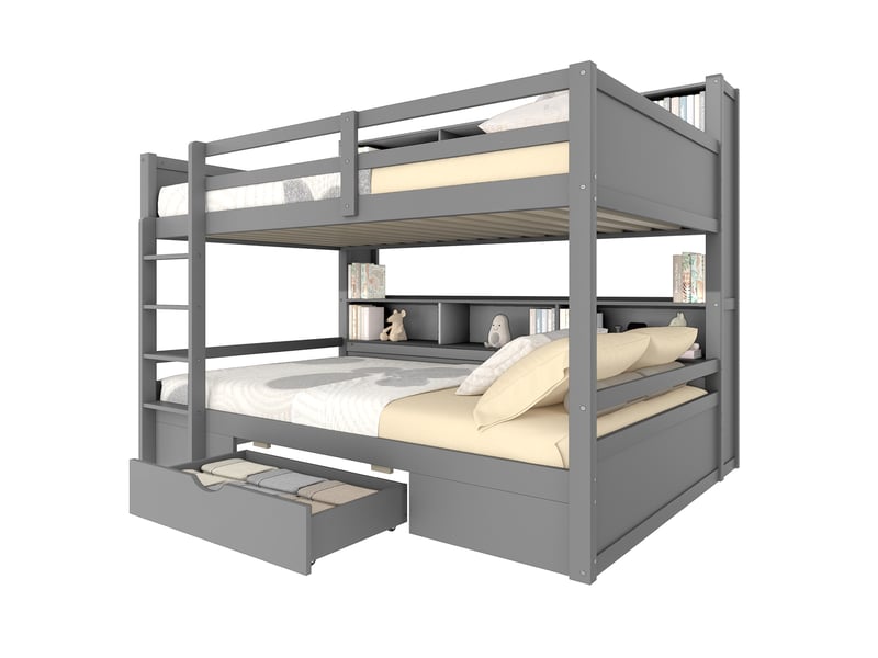  Lit superposé 90x200 cm, lit enfant gris en bois massif, lit superposé avec tiroir et étagères de rangement  - Conforama W