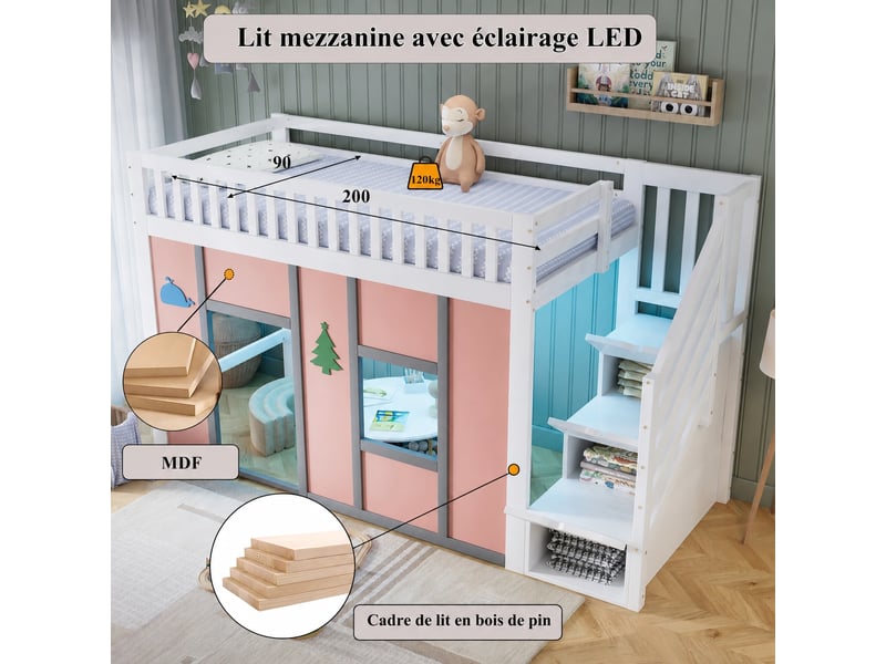  Lit mi-hauteur enfant 90 x 200 cm blanc et rose avec escalier de rangement et éclairage led, sans matelas  - Conforama E