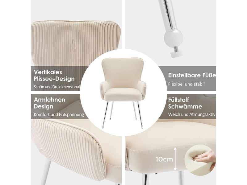  Chaise de salle à manger lot de 6, velours beige chaise rembourrée, métal argenté, accoudoirs, soutien lombaire, patins réglables  - Conforama E