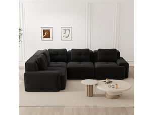 Canapé d'angle panoramique modulable 4 places en velours côtelé noir - 295 x 206 x 69 cm