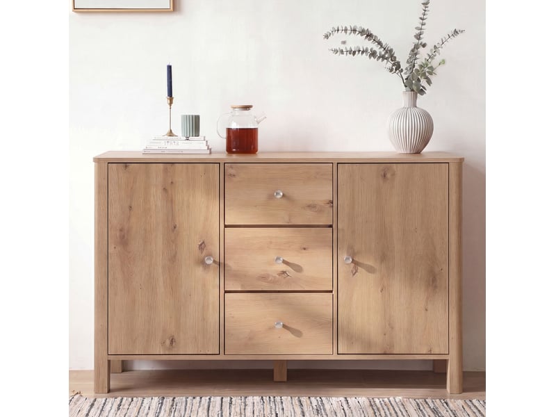  Buffet et enfilade avec 3 tiroirs et 2 portes, poignées en métal, pour salle à manger, chêne, 120 × 40 × 80 cm  - Conforama C