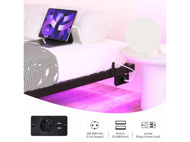 Lit 120x200 cm avec cadre métallique, plateforme à lattes, tête de lit lumineuse led et station de charge, noir  - Conforama D