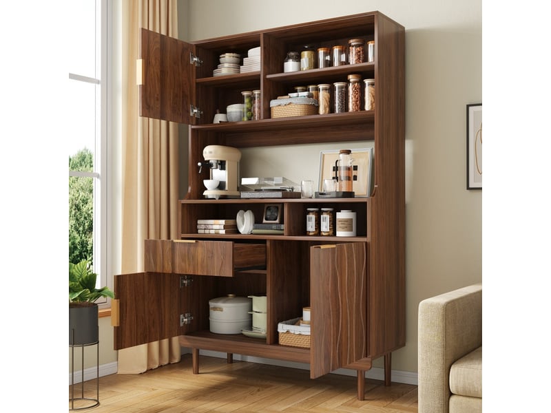 Buffet meuble de rangement cuisine avec tiroir, portes et étagères ouvertes, en mdf et panneaux de particules, pieds en bois massif - Conforama D
