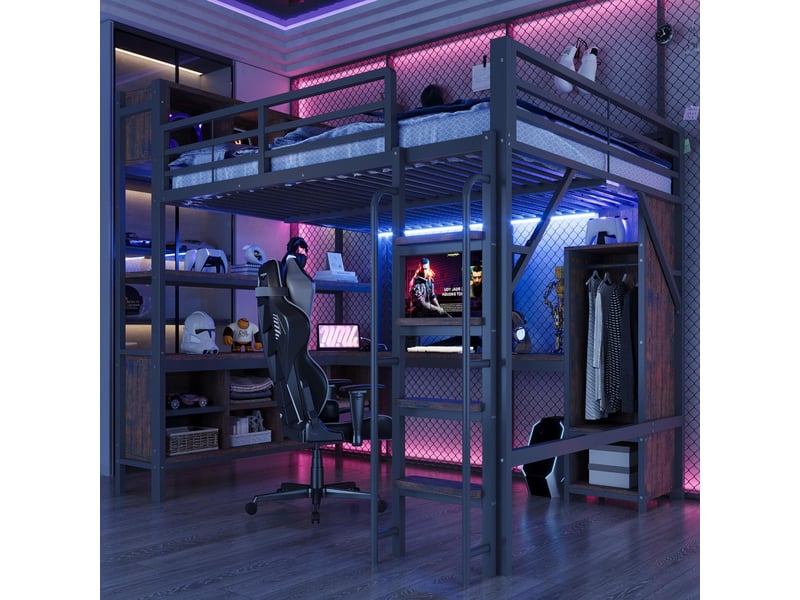  Lit mezzanine 140x200cm - lit enfant avec bureau, surélevé, armoire, étagères, prises eu, led et barrière de sécurité - noir  - Conforama C