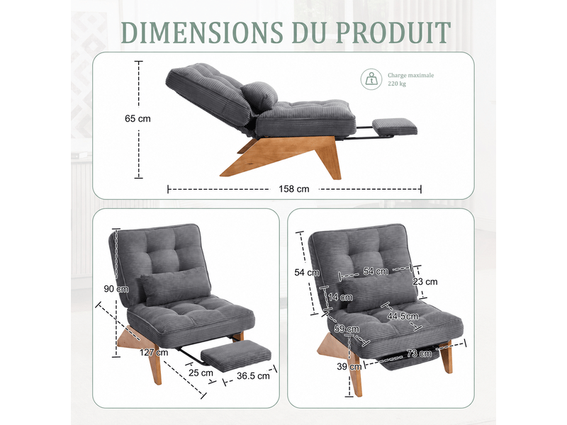  Fauteuil de relaxation réglable avec repose-pieds en velours côtelé gris anthracite Fay Lum - Conforama C