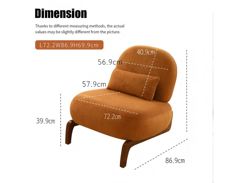  Fauteuil sans accoudoirs avec coussin et dossier arrondi pour salon et chambre, en velours, pieds en bois, caramel  - Conforama C