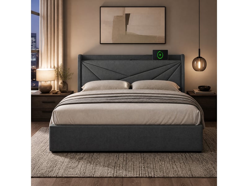  Lit double avec rangement 180 x 200 cm gris avec tête de lit usb et type-c, sommier à lattes  - Conforama D