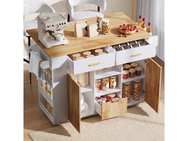 Îlot de cuisine mobile 120x45(71) cm avec plateau pliant, rangement, 3 tiroirs, étagères épices, porte-serviettes, roulettes - blanc et bois - Conforama E