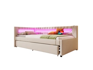Banquette-lit 90*200cm, cadre lin et mdf, éclairage led, couchage extensible, usb-c, sans matelas, beige