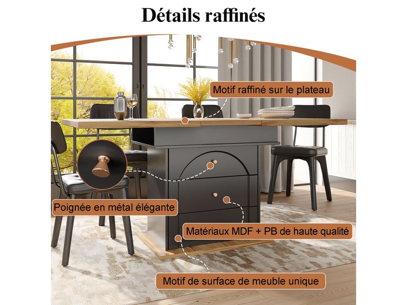  Table à manger extensible noir et naturel, rangement, pliable, étagères réglables, fermeture douce, solide - mdf - 110-140x80cm  - Conforama B