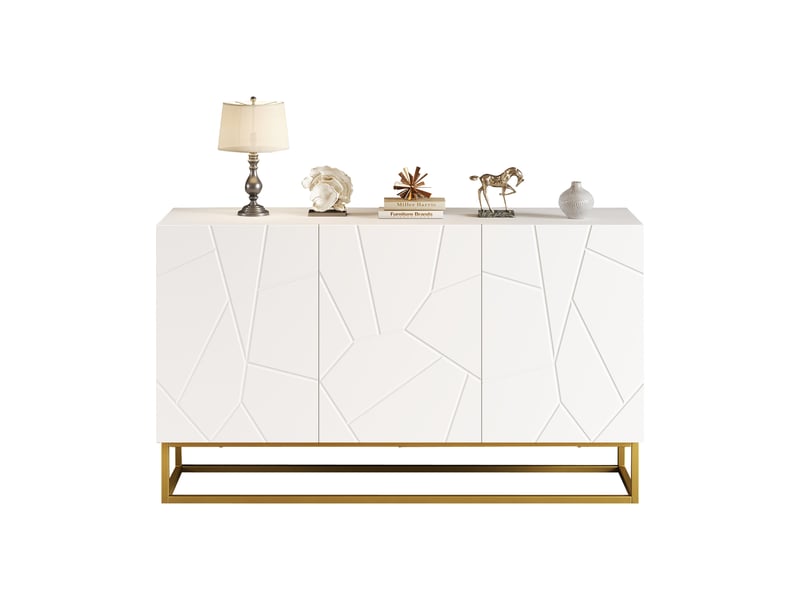  Buffet de cuisine blanc laqué brillant 130x38x76 cm, meuble rangement moderne avec 3 portes et étagères ajustables  - Conforama A