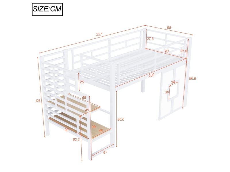 Lit 1 place 90 x 200 cm structure en métal escalier intégré rangement intégré éclairage led fenêtres latérales finition blanche - Conforama C