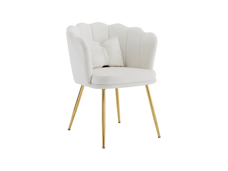  Fauteuil de salon design 63x58x77 cm, dossier pétale, coussin papillon, pieds dorés, velours beige  - Conforama A
