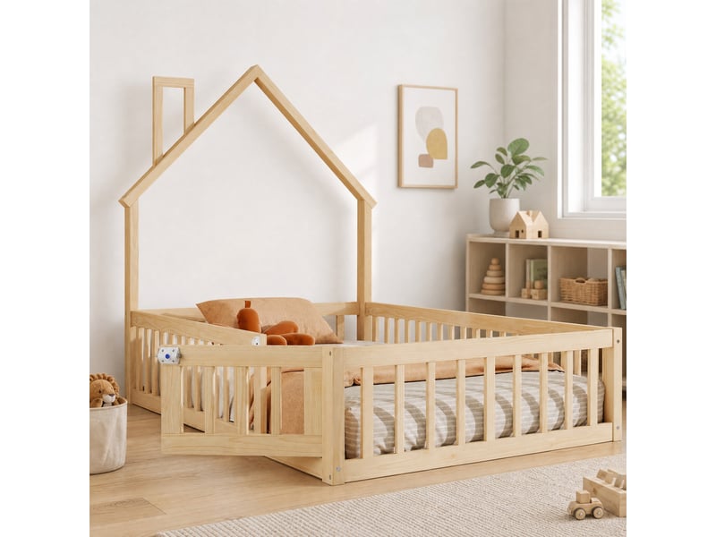  Lit enfant cabane 90 x 200 cm avec cheminée, bois de pin et mdf naturel  - Conforama D