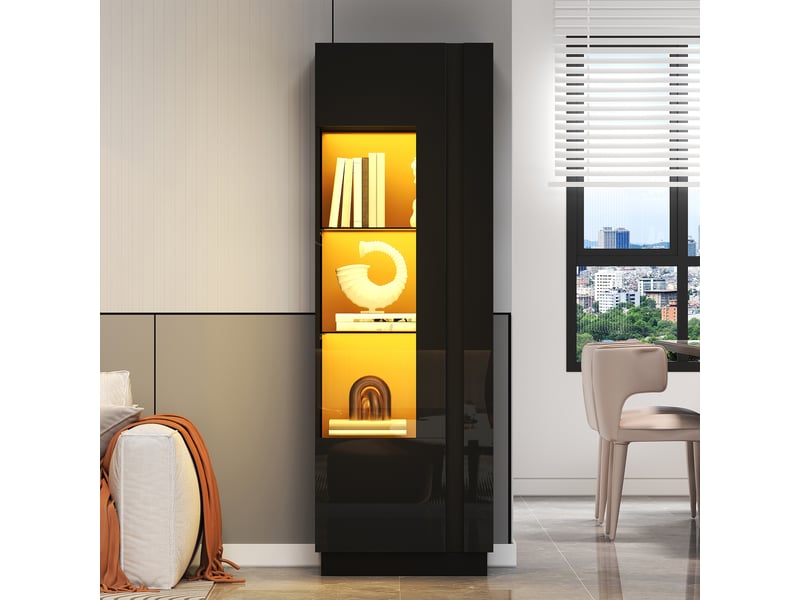  Vitrine 60x40x180 cm, meuble vitrine avec porte en acrylique, éclairage led, finition brillante, 3 étagères en verre, armoire de présentation salon  - Conforama C