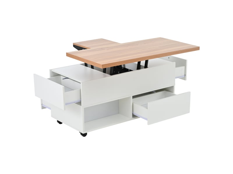  Table basse 100 x 50 x 52 cm à 4 roulettes, table de salon multifonctionnelle avec 4 tiroirs, table basse relevable, table d'appoint réglable en hauteur, table de salle à manger avec espace de rangement, coloris blanc et bois  - Conforama E