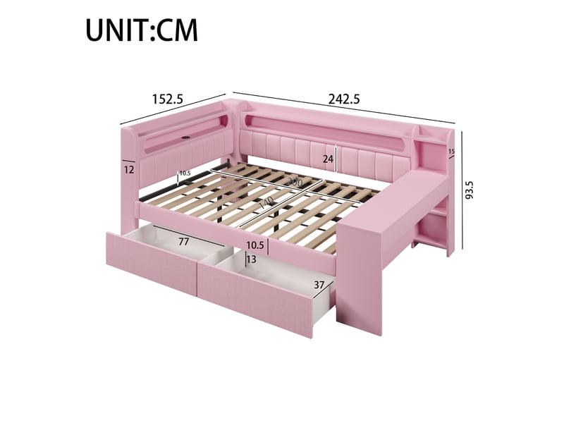  Lit combiné 140x200 cm rose avec bureau, led 7 couleurs, usb et 2 tiroirs  - Conforama C