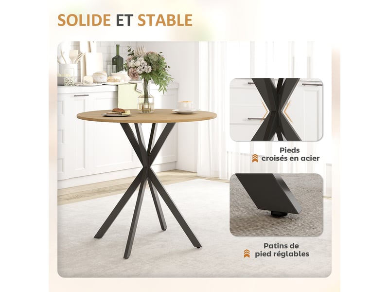  Table à manger ronde pour 2 personnes avec piètement croisé en acier et plateau aspect bois, blanc chêne  - Conforama R
