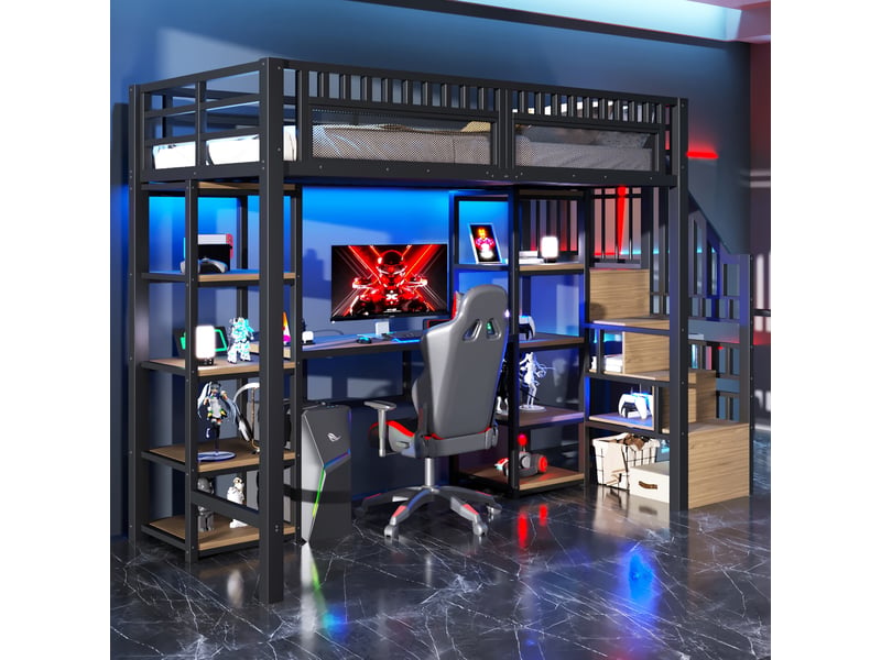  Lit mezzanine 90x200 cm coloris noir led métal lit enfant noir - Conforama D