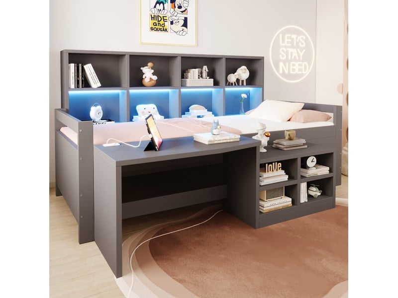  Lit enfant multifonction 90x200 cm, lit simple avec éclairage led, bureau, rangements, usb, mdf, gris, sans matelas  - Conforama D