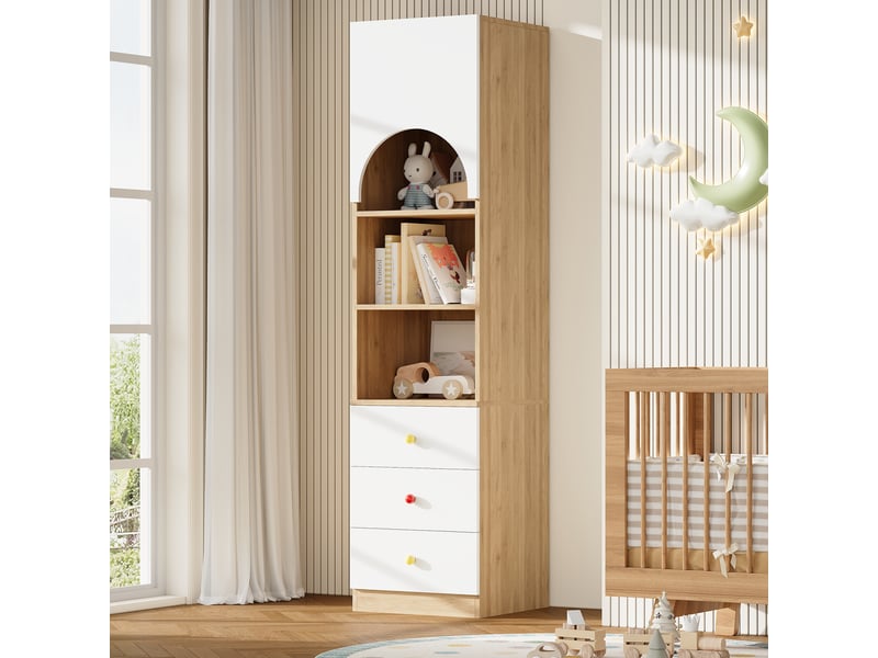 Bibliothèque haute avec 3 tiroirs et 3 étagères, 50 x 50 x 200 cm, mdf blanc et bois - Conforama D