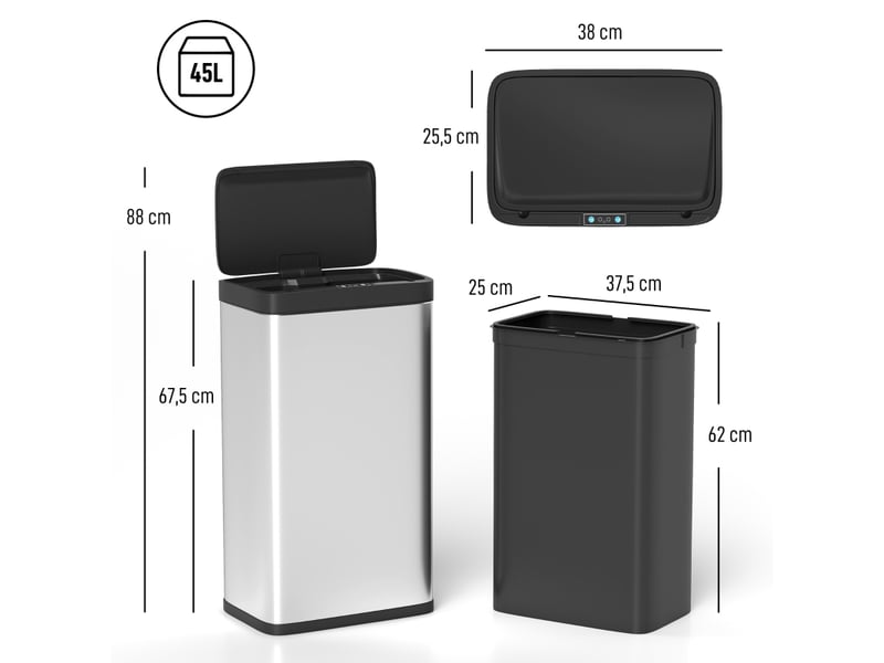  Poubelle de cuisine - poubelle à capteur de mouvement, 45 l, avec couvercle à fermeture douce, idéale pour la cuisine, argent  - Conforama D