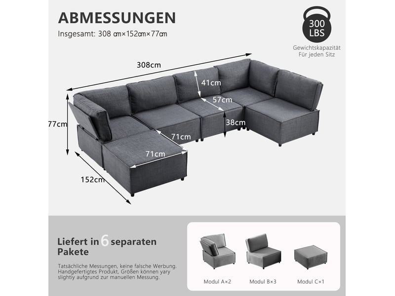  Canapé d'angle modulable modenvie 6 places convertible en couchage gris foncé 308 x 152 cm tissu en lin  - Conforama C