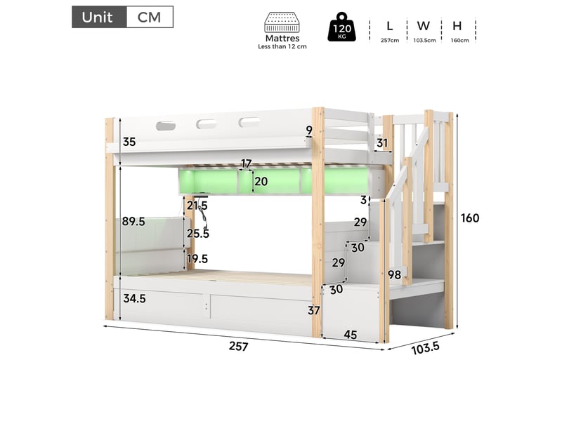  Lit superposé 90 × 200 cm et 90 × 200 cm 2 places avec coffre, escalier, led et usb, sans matelas, blanc  - Conforama D