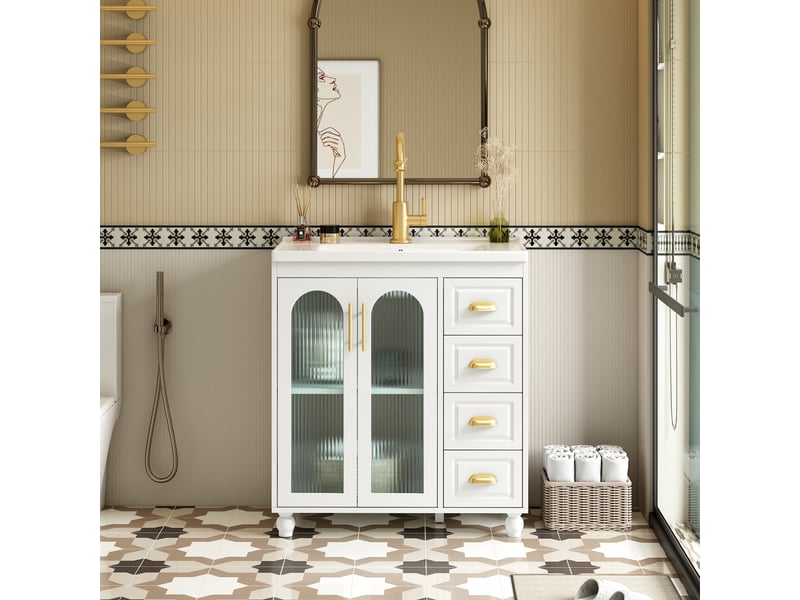  Meuble de salle de bain 80cm - meuble sous vasque avec lave-mains céramique - 2 portes verre flûté, 3 tiroirs - blanc  - Conforama D