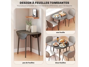 Table de salle à manger pliante 2 abattants, table ronde extensible pour 4 personnes, gris, pieds en bois 89 x 73,5 cm