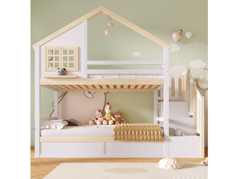  Lit superposé enfant 90x200 cm avec rangement hydraulique et décor maison blanc et naturel  - Conforama E