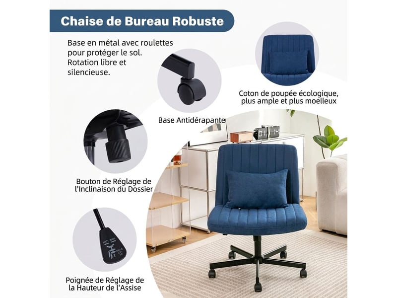 Chaise de bureau pivotante en tissu réglable en hauteur sans accoudoirs à roulettes silencieuses - Conforama D