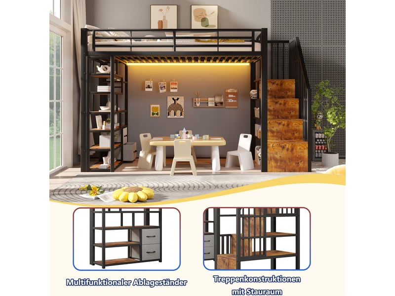  Lit surélevé 90 x 200 cm noir, tiroirs en tissu, marches intégrées, garde-corps, led, rangement sous lit, sans matelas  - Conforama E