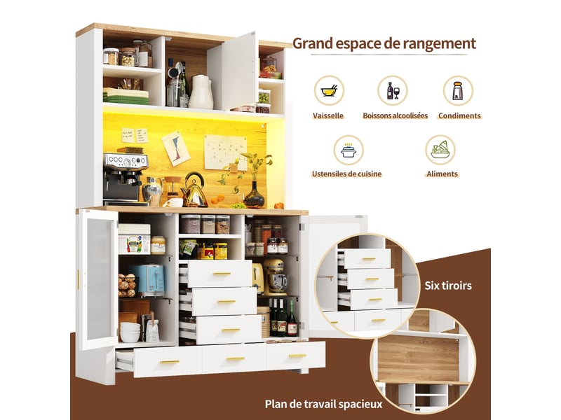 Armoires cuisine,buffet haut salle à manger de cuisine avec led,3 portes 6tiroirs-led,plan de travail-120x40x188cm-blanc - Conforama B