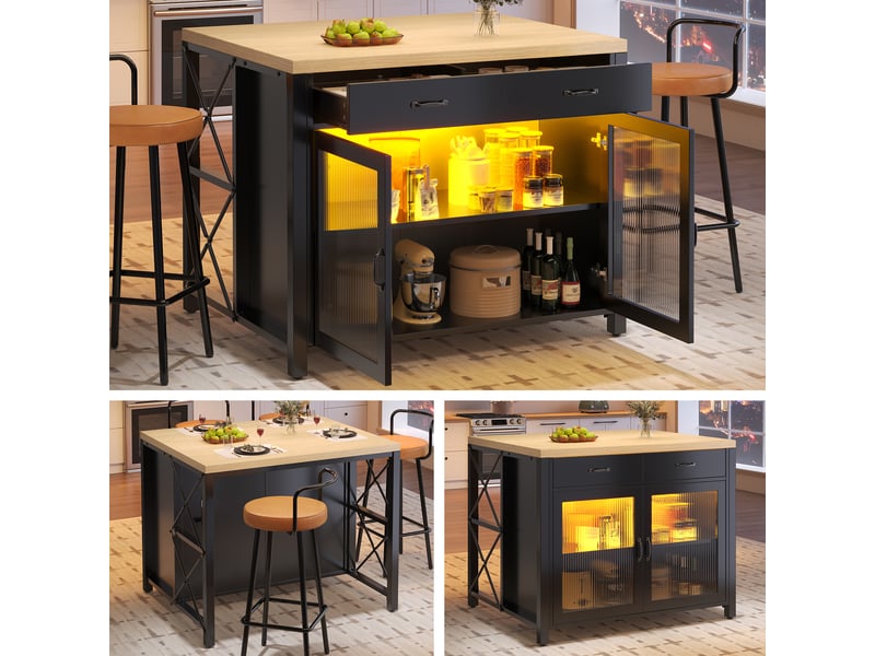  Îlot de cuisine noir avec éclairage led, table de bar avec rangement et porte en verre, plateau texture bois, 100x80x90cm  - Conforama C