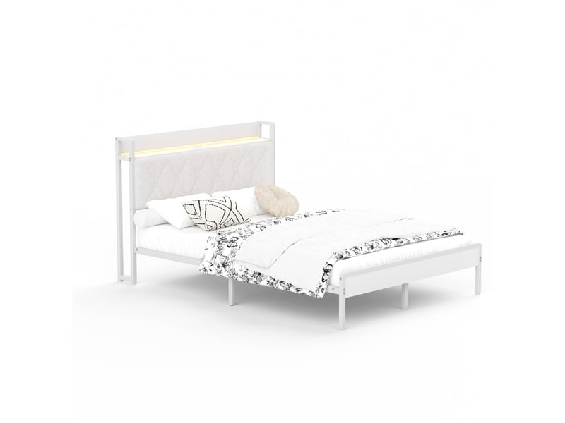  Lit double 140 × 190 cm tête de lit rembourrée, led, prises et usb, rangement sous lit, blanc 140 × 208 × 99,5 cm  - Conforama A