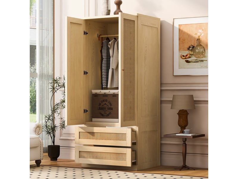  Armoire de chambre 70 x 55 x 170 cm avec tiroirs et étagères, façades imitation rotin, grande rangement, design moderne, naturel Sol Morn - Conforama D
