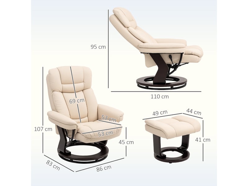 Fauteuil inclinable avec repose-pieds, fauteuil réglable, revêtement en similicuir, fauteuil rembourré avec dossier rabattable, blanc crème - Conforama E
