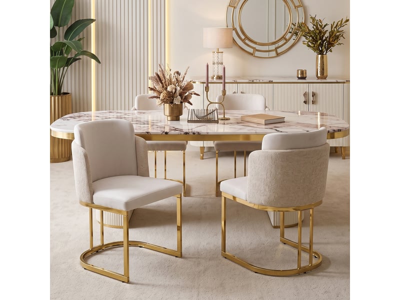 Lot de 6 chaises de salle à manger beige et or en chenille pieds dorés dossier haut confortables - Conforama D